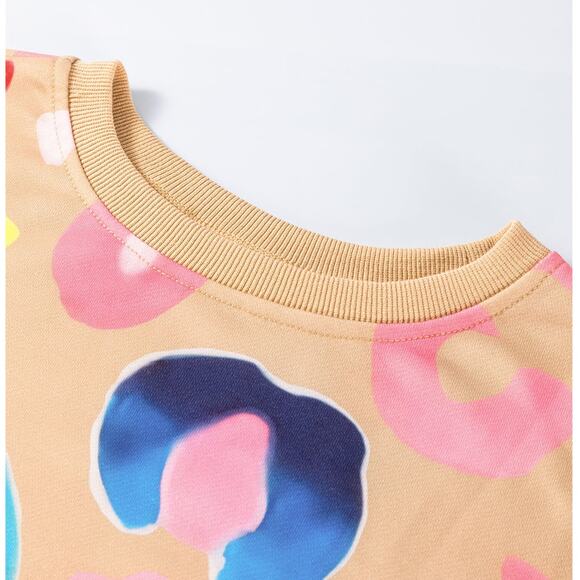 Khaki Multicolor Leopard Printed Drop Shoulder Pullover Sweatshirt Kawaii - Picture 7 of 8